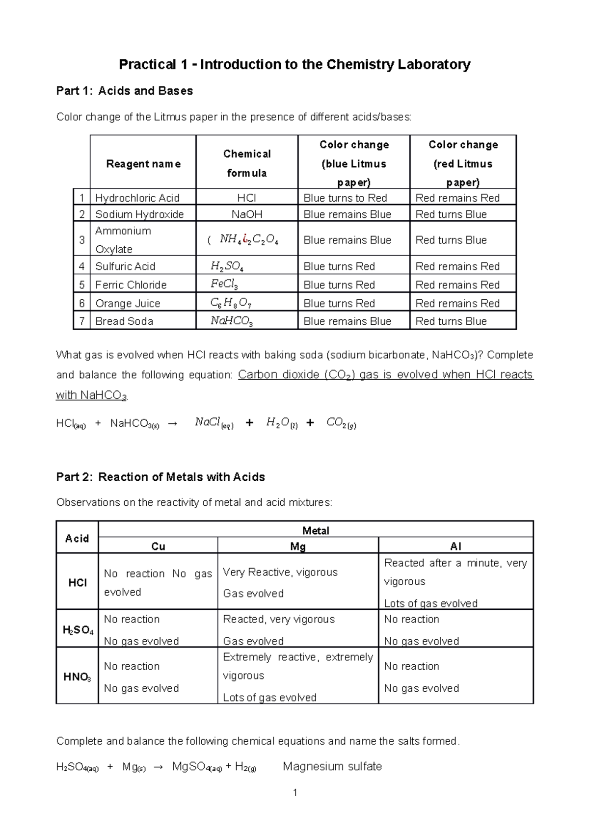 Chemistry Practical 1 - Practical 1 Introduction to the Chemistry ...
