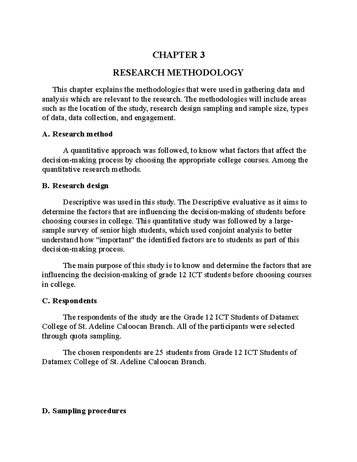 Group 1 Research - Chap 3 - CHAPTER 3 RESEARCH METHODOLOGY This chapter ...
