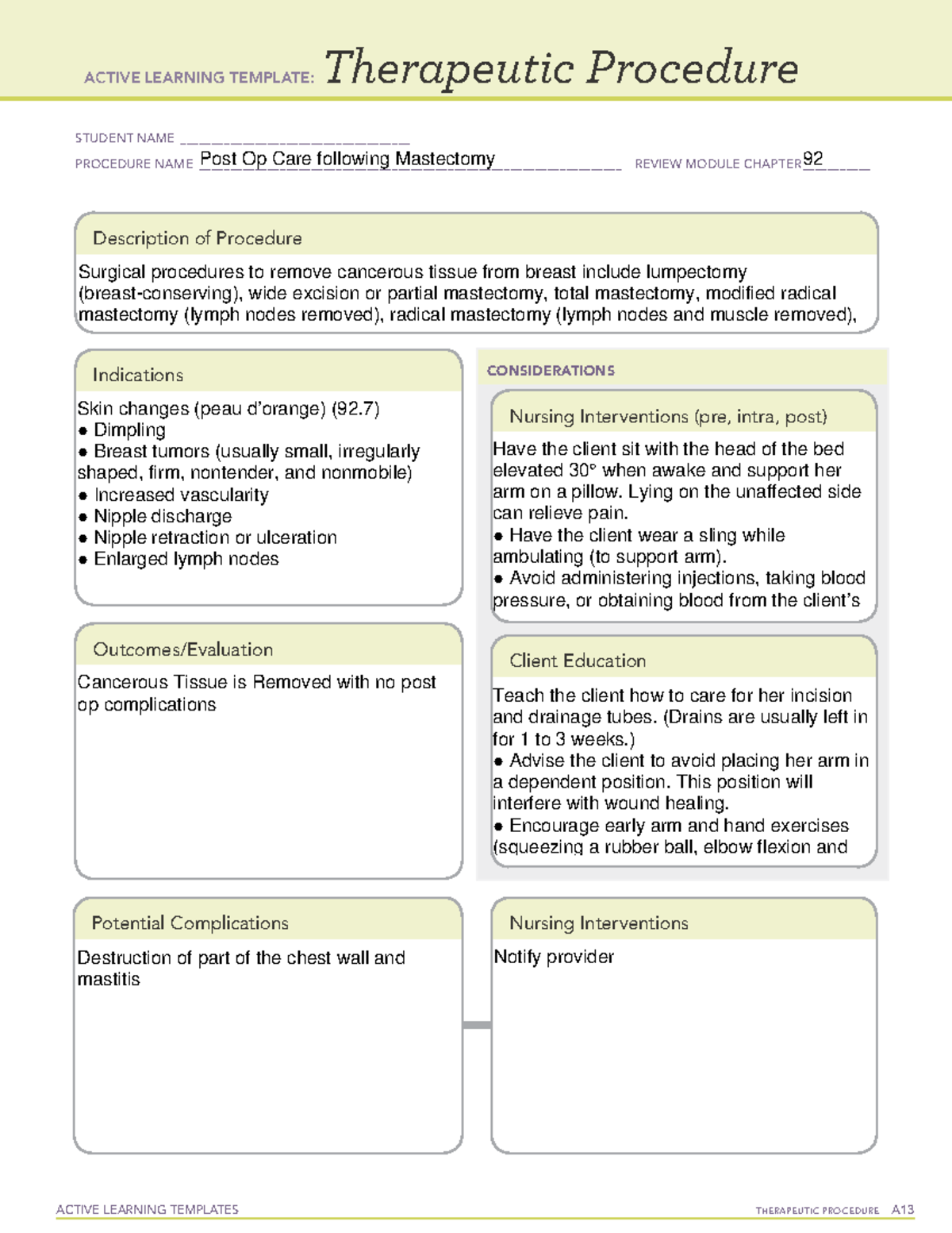 Post Op Mastectomy procedure nursing intervention ACTIVE LEARNING