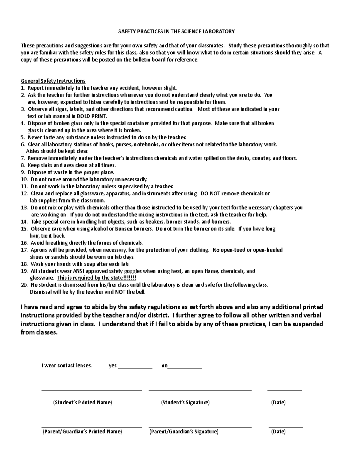 Safety contract 2 - SAFETY PRACTICES IN THE SCIENCE LABORATORY These ...