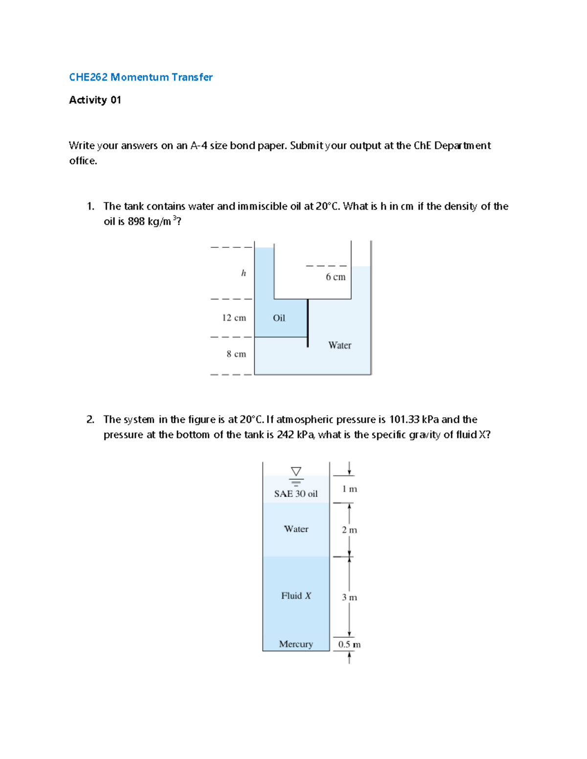 Activity 01 Pressure and Manometer Problems CHE262 Momentum Transfer