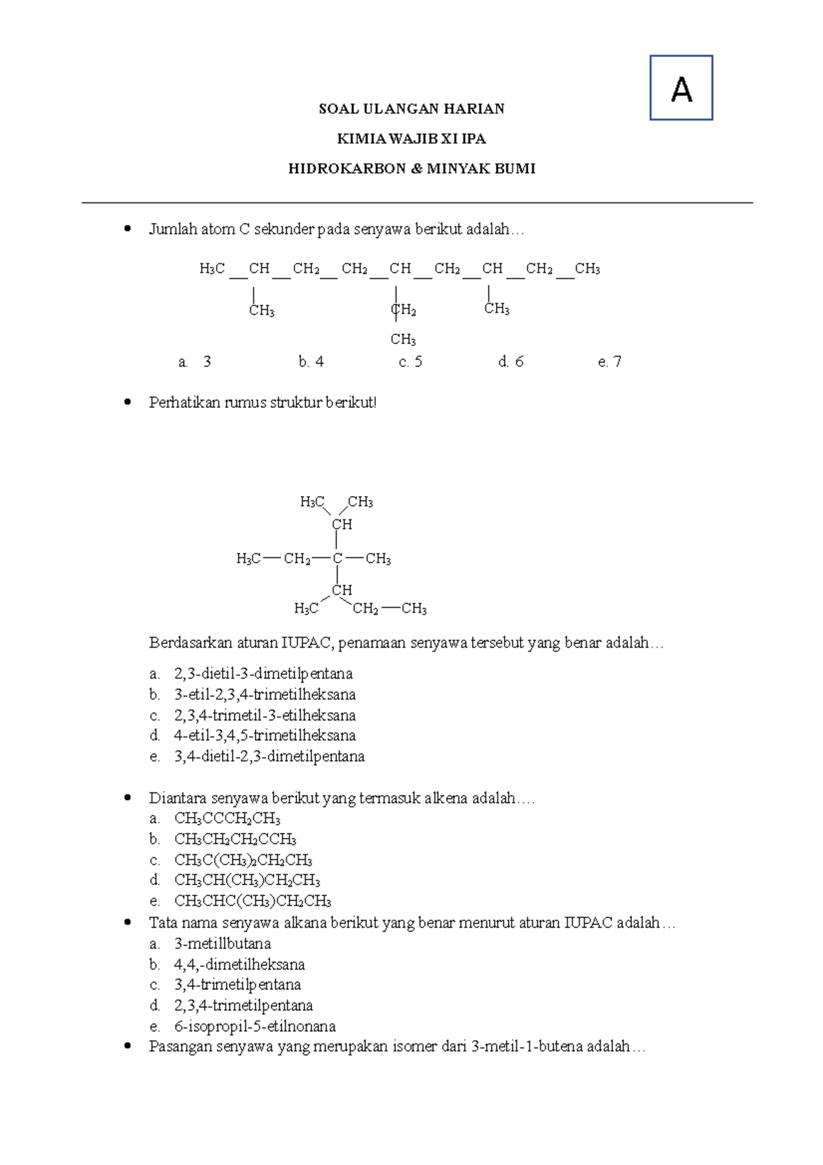 SOAL Ulangan Harian I - Soal UH Hidrokarbon - SOAL ULANGAN HARIAN KIMIA ...