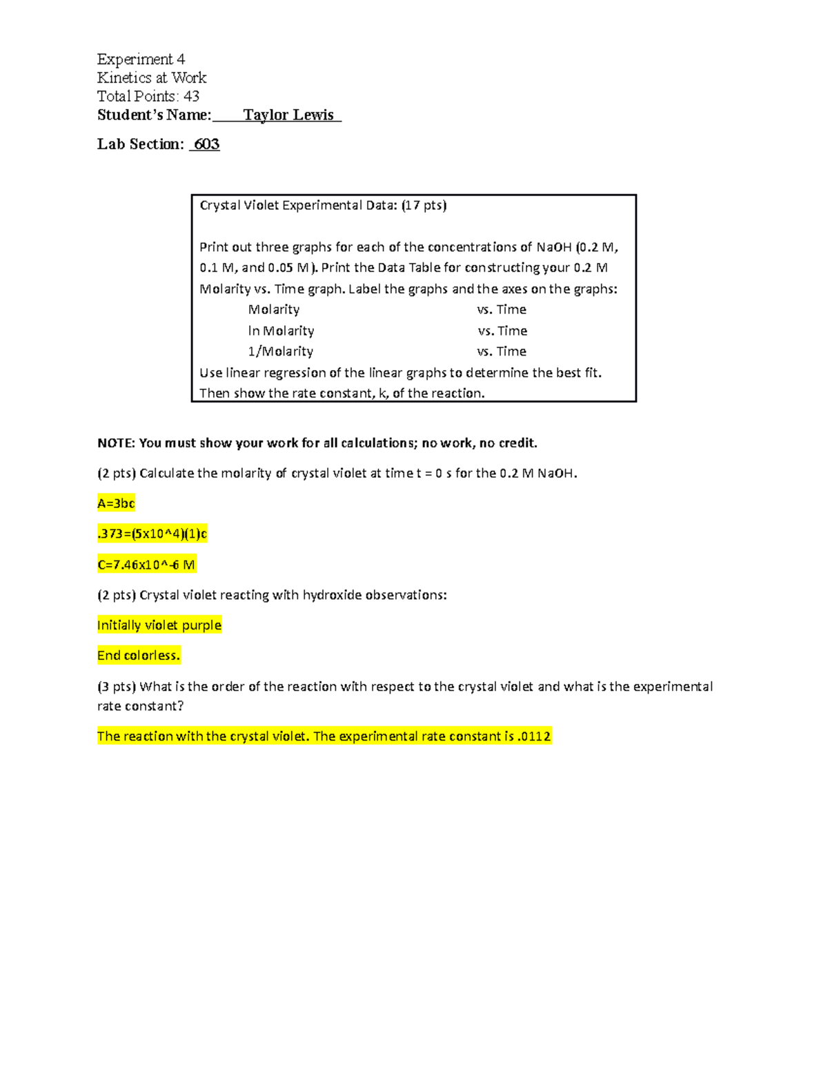 general chemistry kinetics experiment