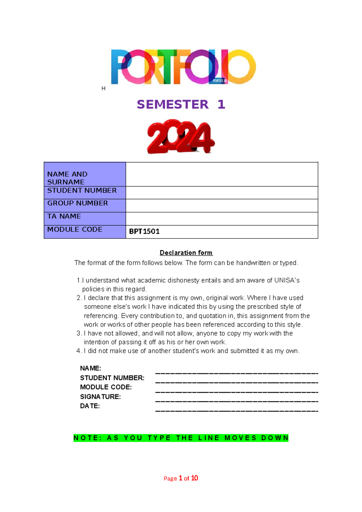 Portfolio Template - S1 - 2024 - H SEMESTER 1 NAME AND SURNAME STUDENT ...