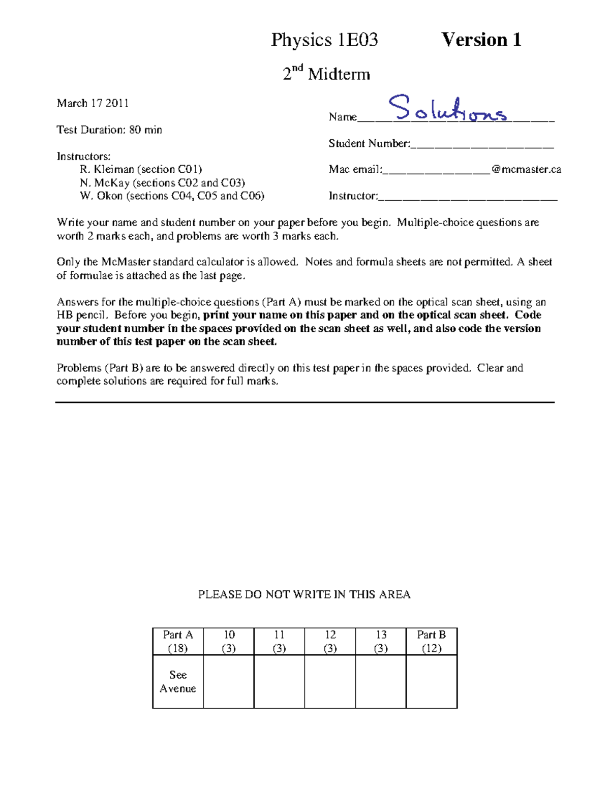 Test 2 February 2011, questions and answers - Physics 1E03 Version 1 2 ...
