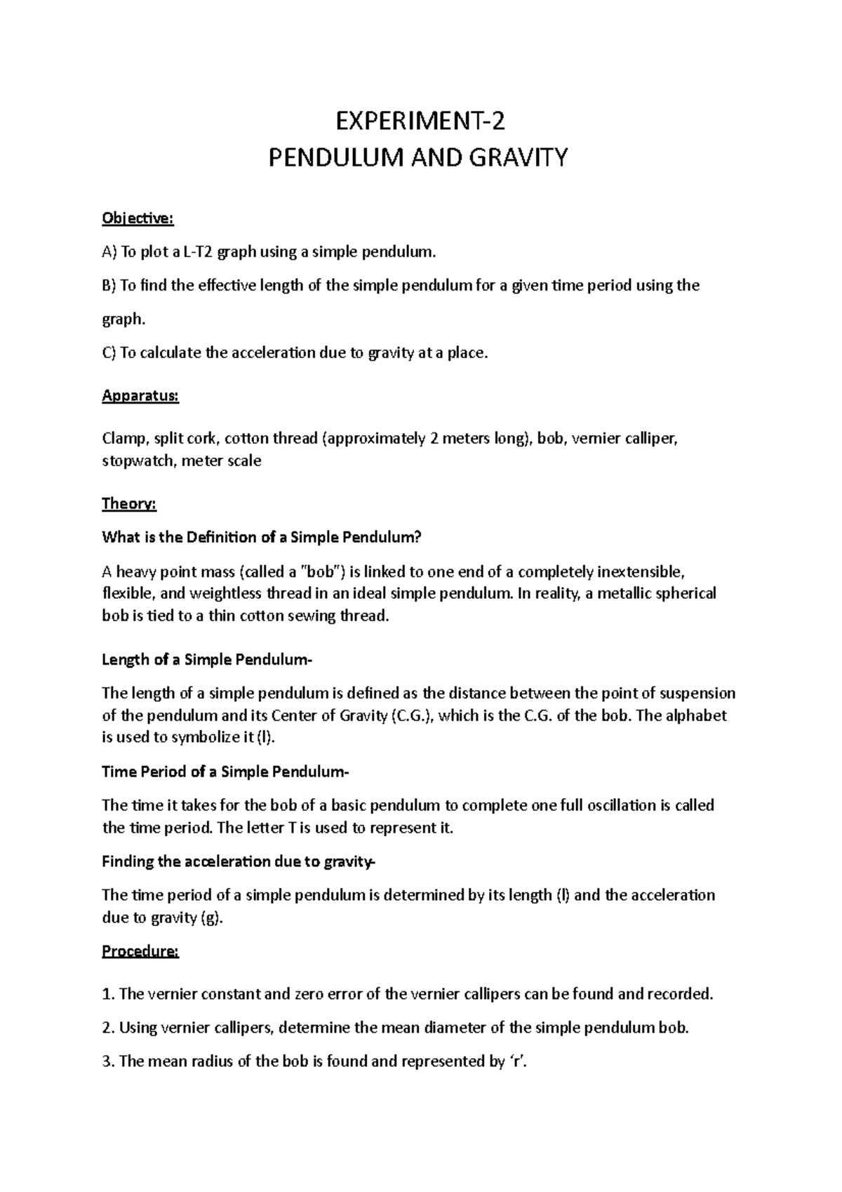 Word Lab Report Pendulum & Gravity EXPERIMENT PENDULUM AND GRAVITY