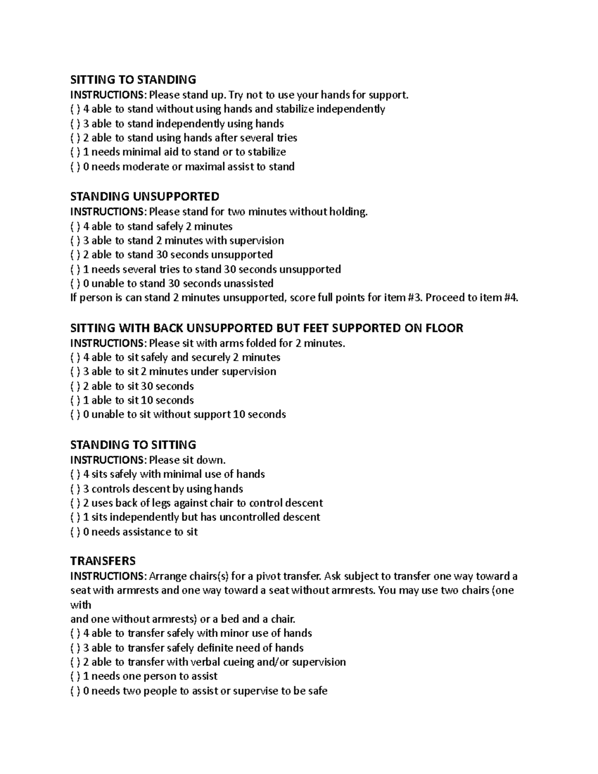 BERG Balance SITTING TO STANDING INSTRUCTIONS Please stand up. Try