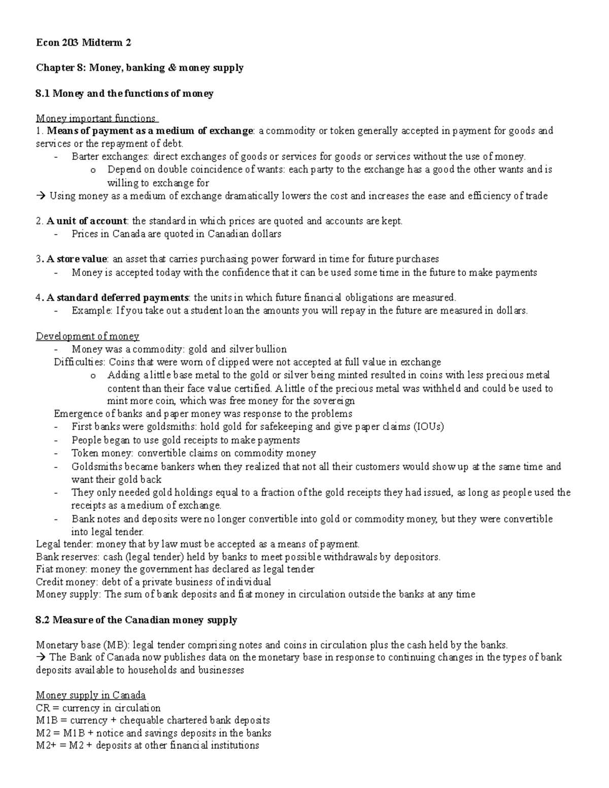 Econ 203 Midterm 2 summary Econ 203 Midterm 2 Chapter 8 Money