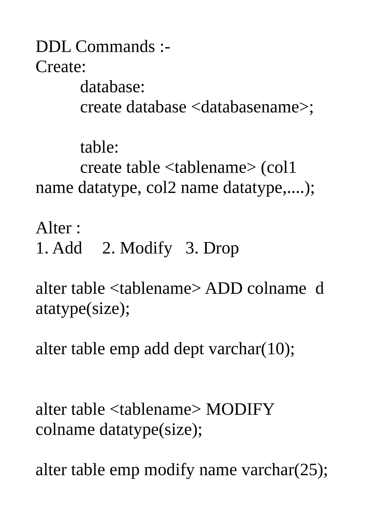 Dbmspr DDL Commands Create database create database ; table