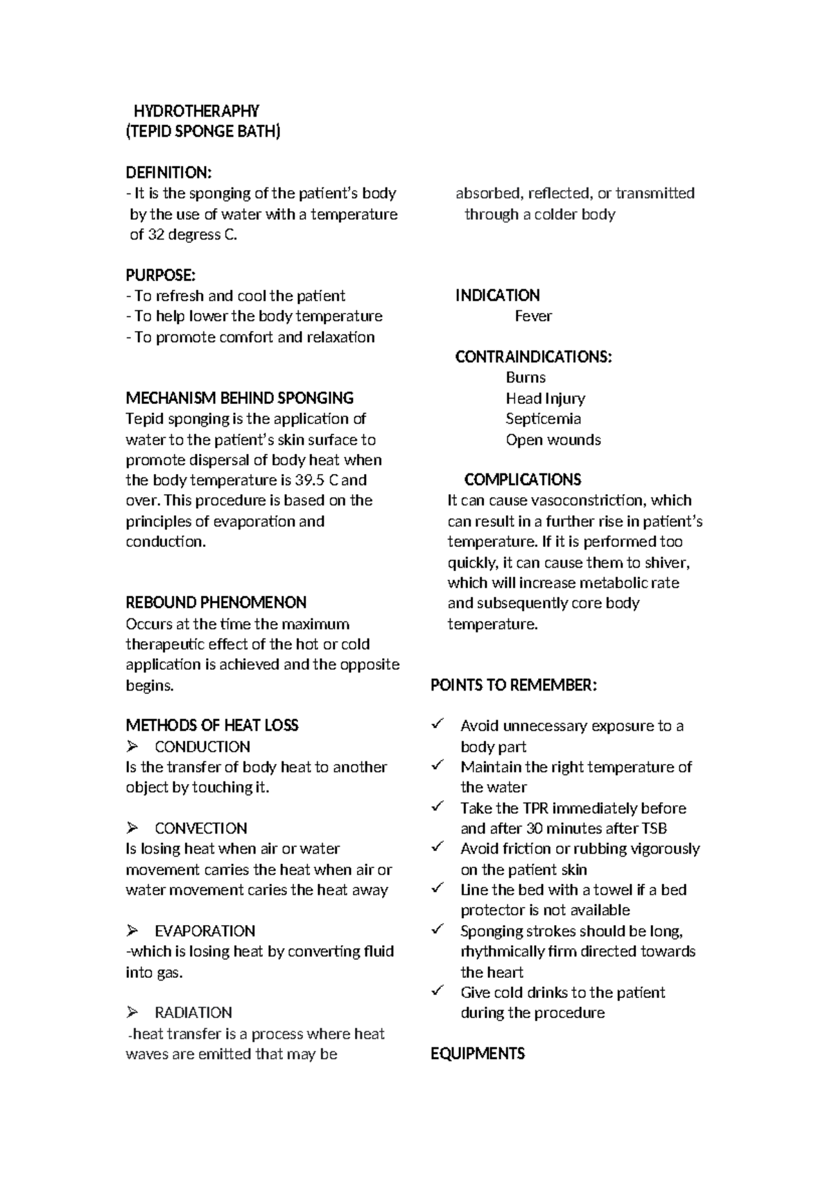 Hydrotheraphyhandouts 2 HYDROTHERAPHY (TEPID SPONGE BATH) DEFINITION