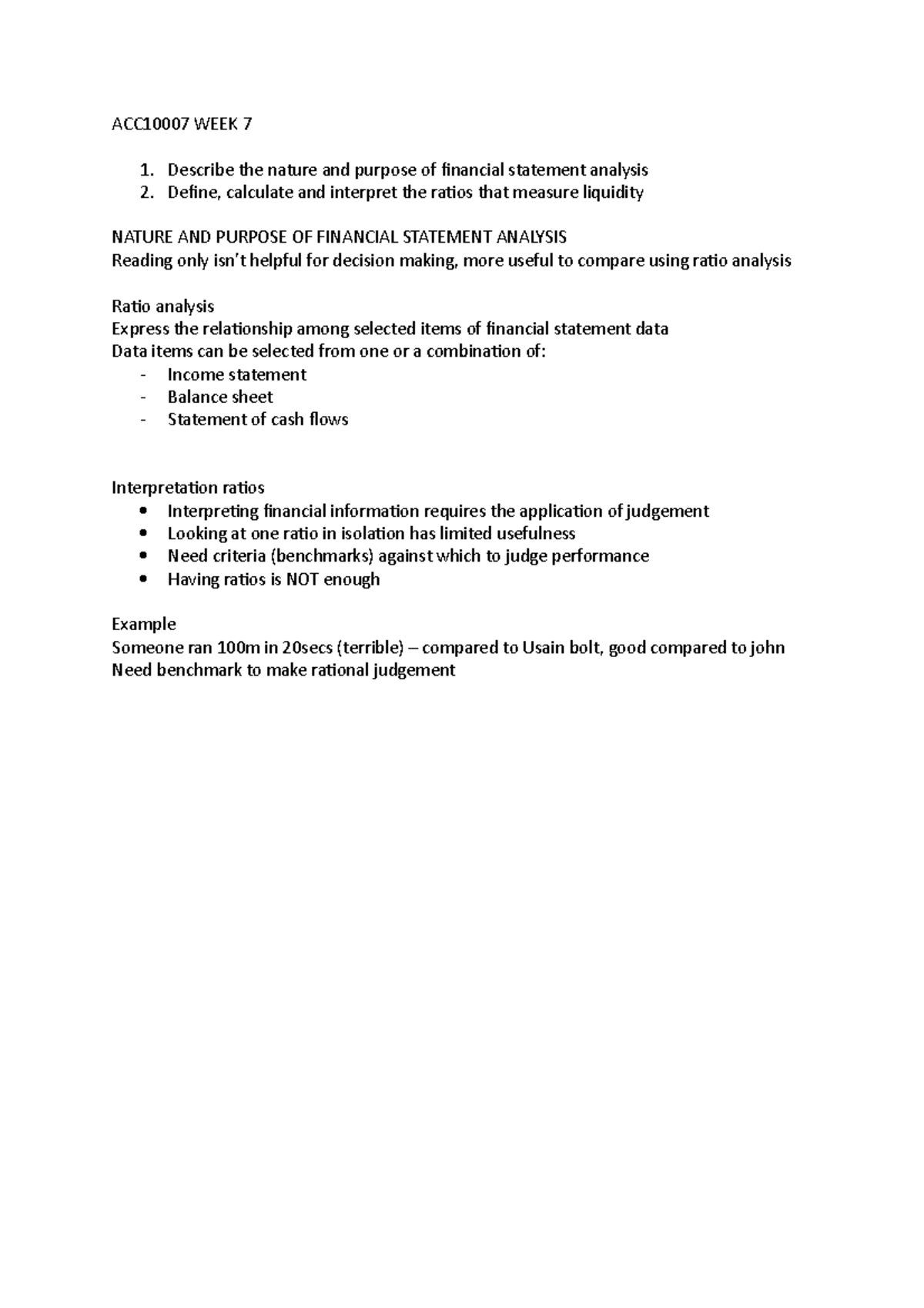ACC10007 WEEK 7 - Notes - ACC10007 WEEK 7 Describe the nature and ...