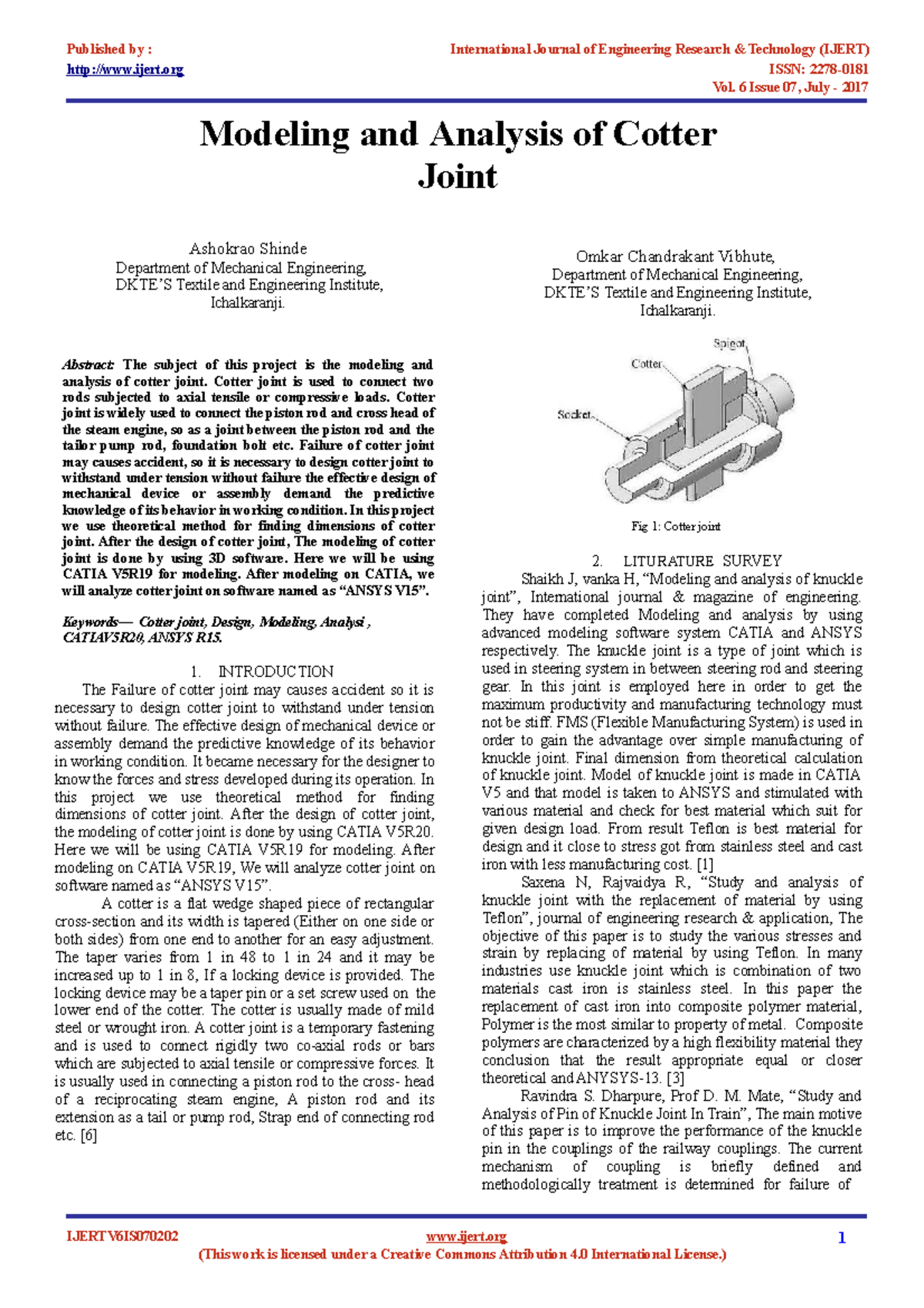Modeling and analysis of cotter joint Ijertv 6IS070202 http:// ijert Modeling and analysis of cotter joint Ijertv 6IS070202 http:// ijert