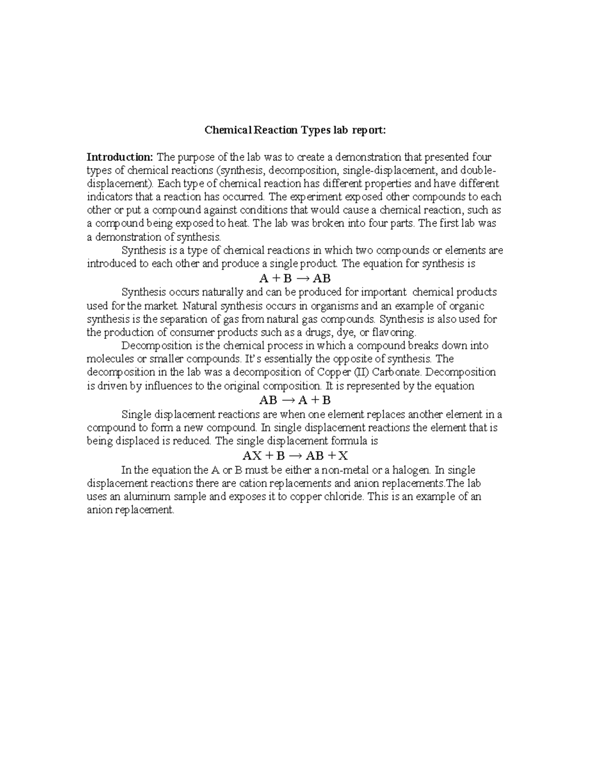 Types of Reactions Lab Robert Batson 7 th period Honors Chemistry Dr