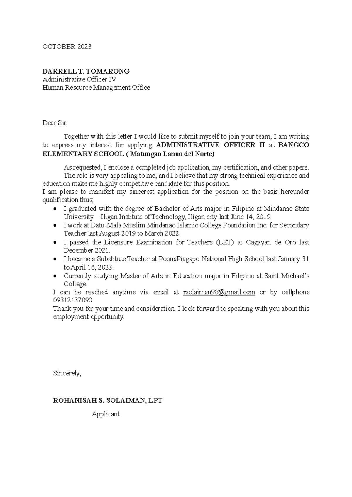 Applicaton letter F 1 - n/a - OCTOBER 2023 DARRELL T. TOMARONG ...