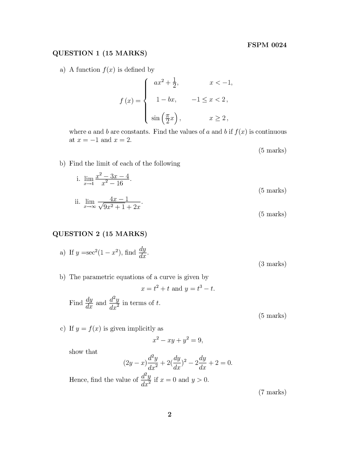 Final Exam Calculus 2018 2019 Sem 2 - QUESTION 1 (15 MARKS) A) A ...