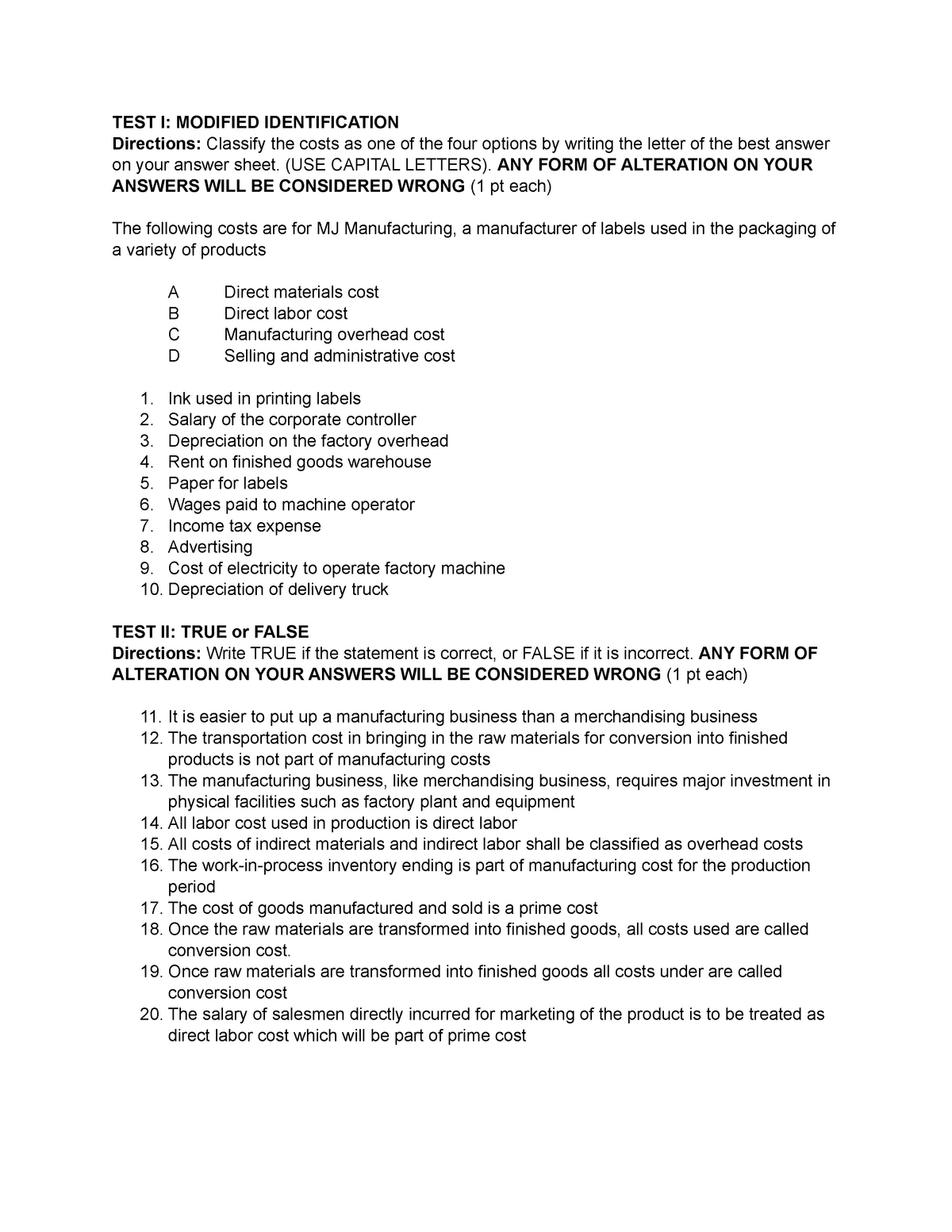 Manufacturing- Finalexam (Autosaved) - TEST I: MODIFIED IDENTIFICATION ...