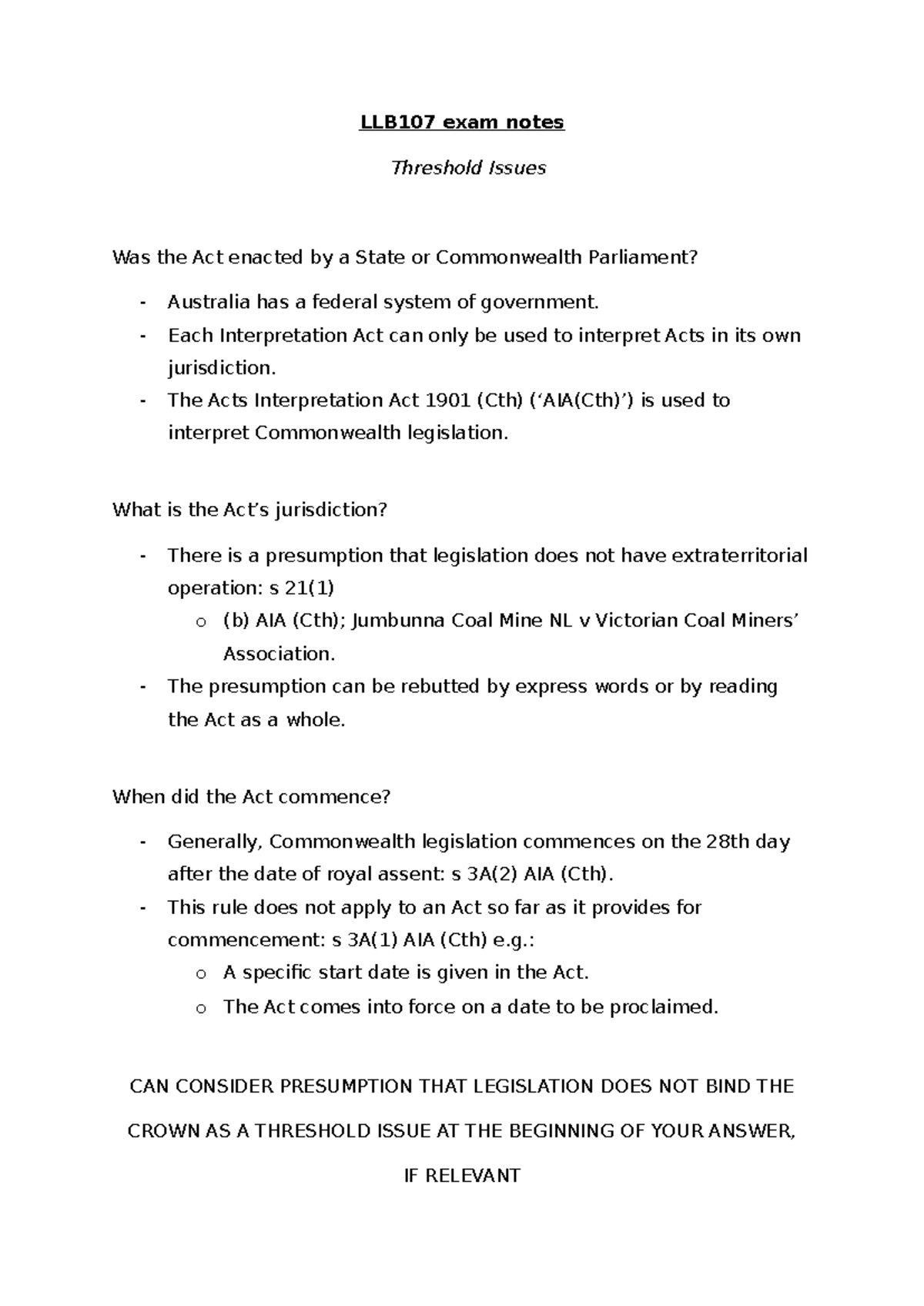 LLB107 answer framework - LLB107 exam notes Threshold Issues Was the ...