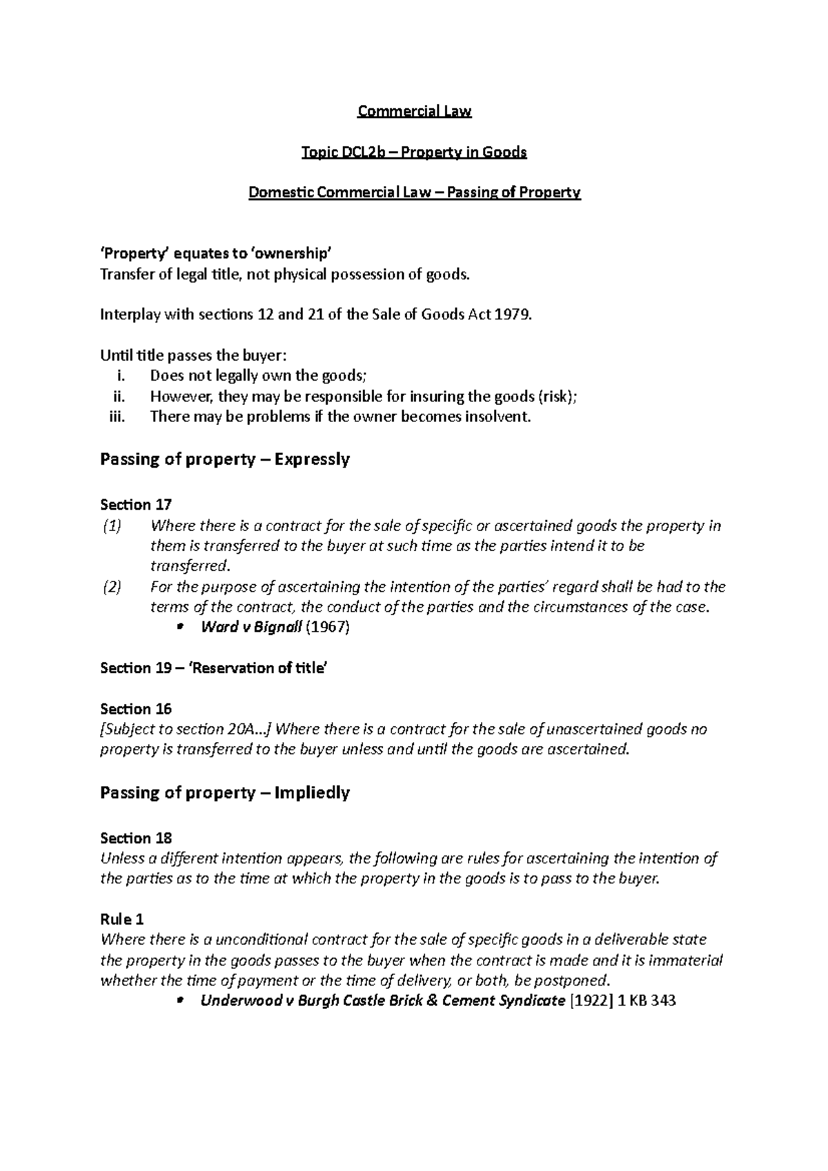DCL2b - Passing of Property - Commercial Law Topic DCL2b – Property in ...