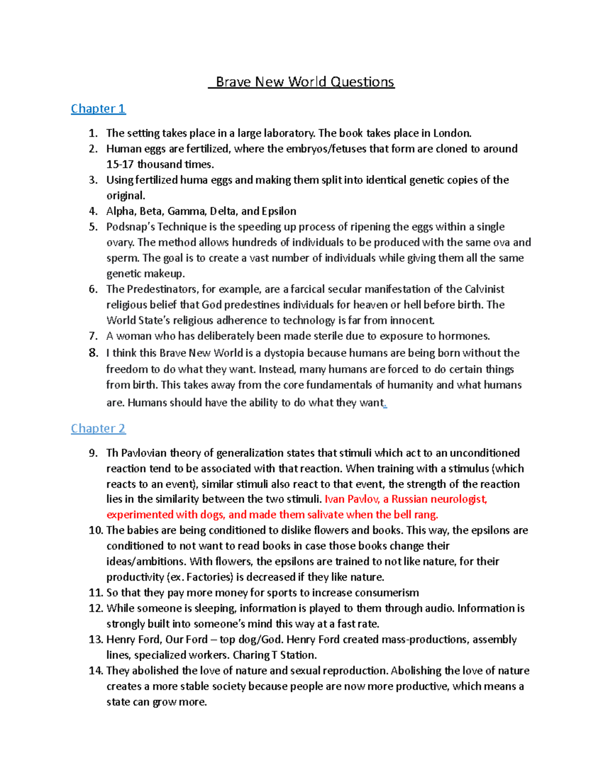 Brave New World Questions Brave New World Questions Chapter 1 The