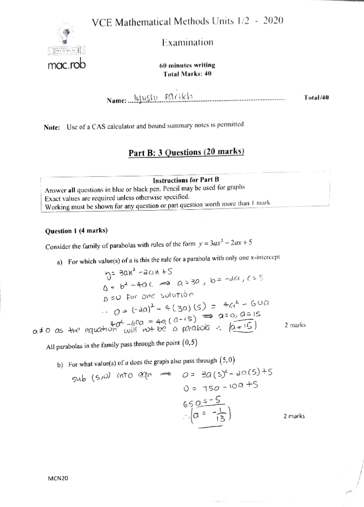 Exam Part B - Summary Notes For The Course - VCEMathematical Methods ...