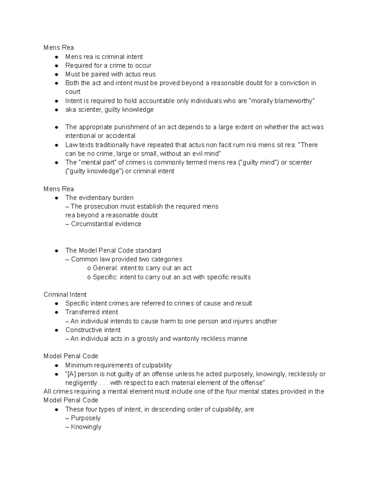 Crj 260 chapter 5 - Mens Rea Mens rea is criminal intent Required for a ...