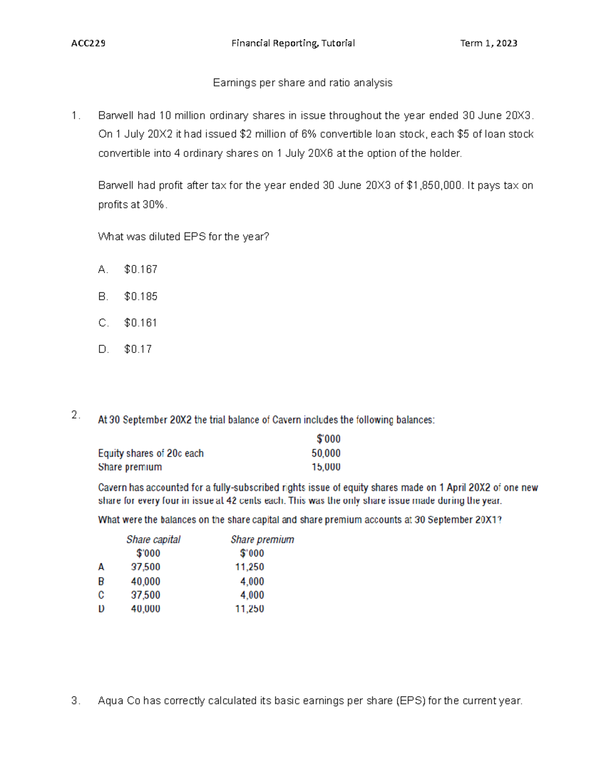 T 13 and T 14 questions - TUTORIAL WORK - Earnings per share and ratio ...