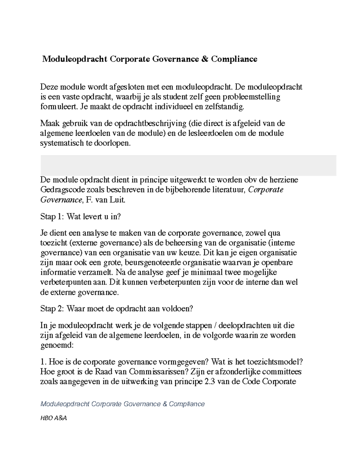 Moduleopdracht Corporate Governance - De Moduleopdracht Is Een Vaste ...