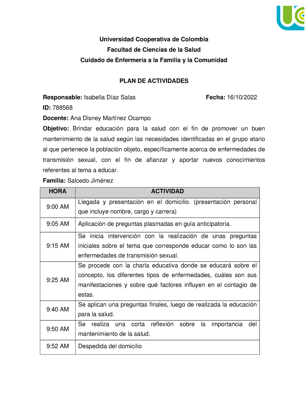 Plan De Actividades Diarias En Blanco Universidad Cooperativa De Colombia Facultad De Ciencias 3064