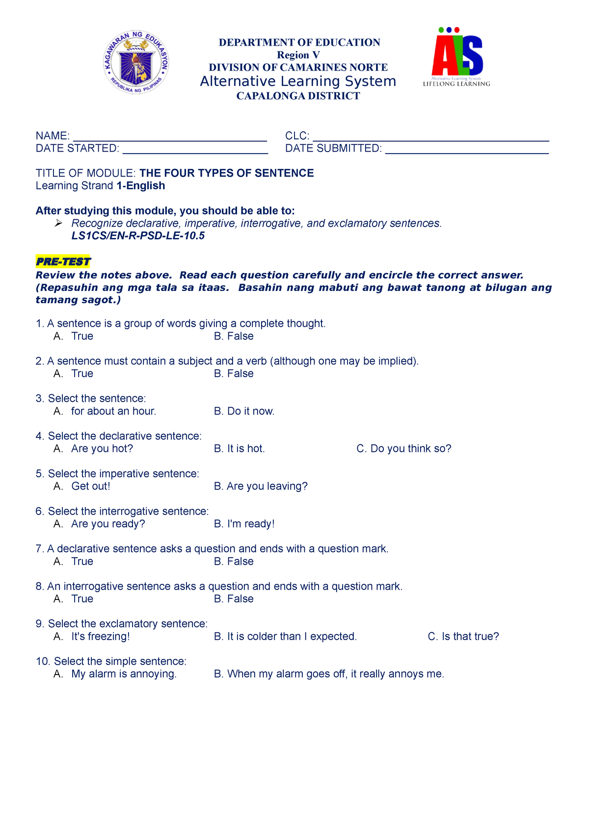 Types of Sentences - DEPARTMENT OF EDUCATION Region V DIVISION OF ...