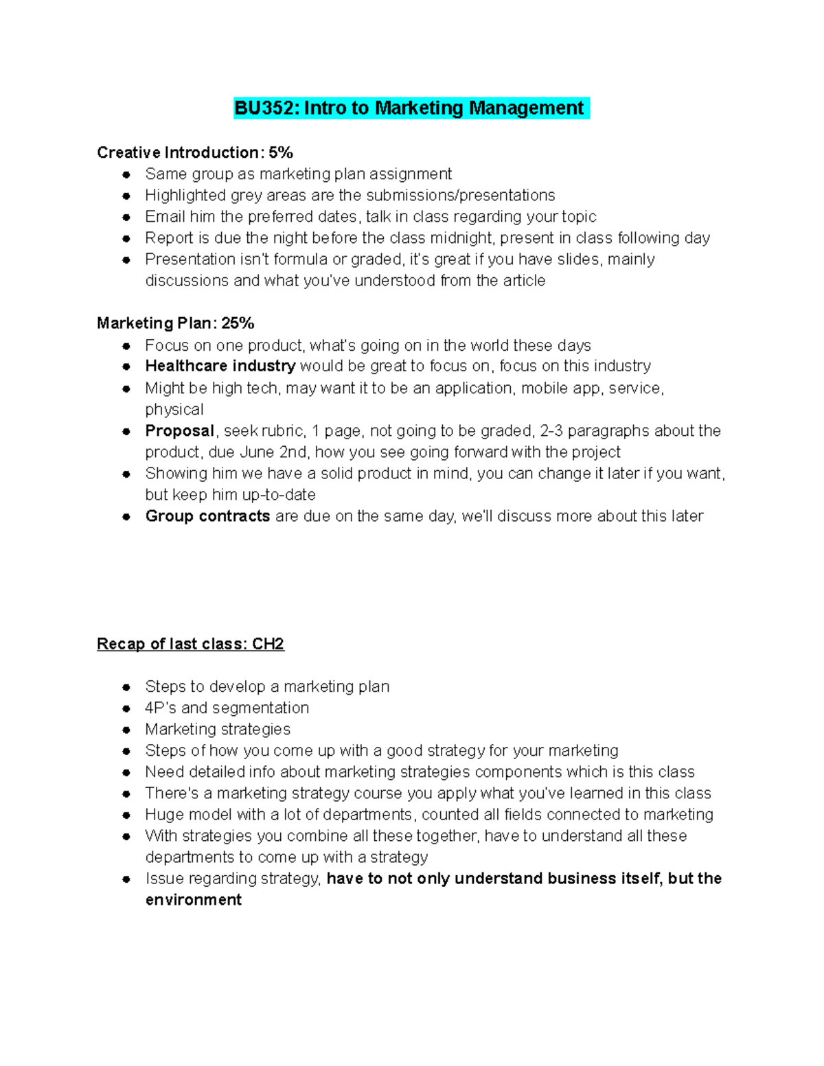 BU352 Lecture 3 copy - BU352: Intro to Marketing Management Creative ...