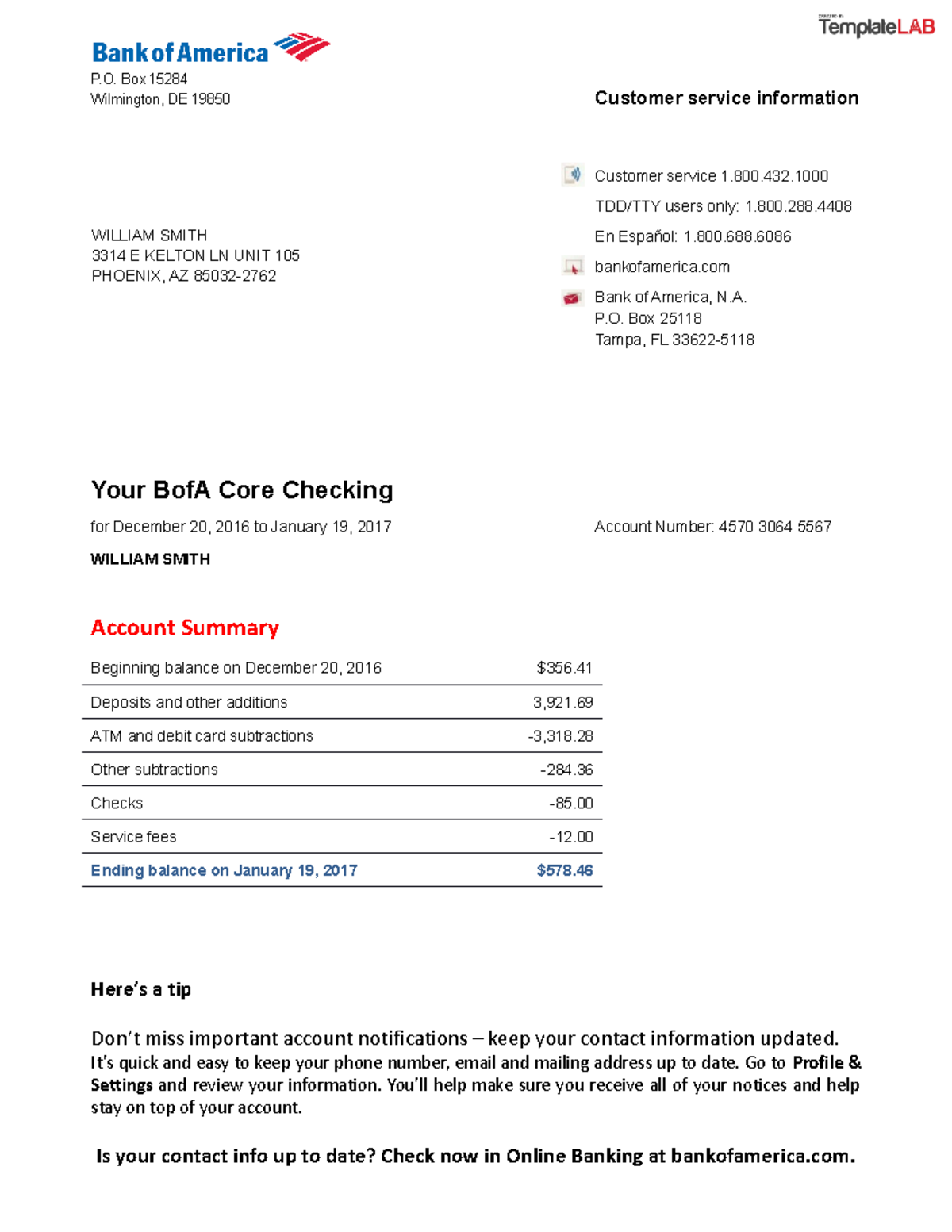 Bank Of America Bank Statement Template Lab - P. Box 15284 Wilmington ...