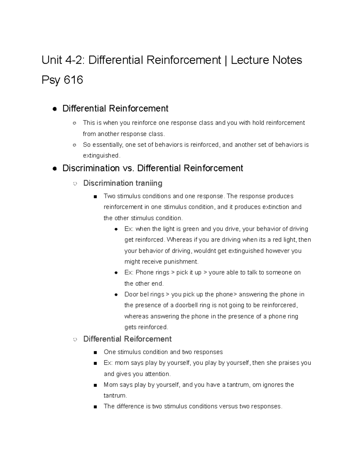 Unit 42 Differential Reinforcement Lecture Notes Psy 616 So