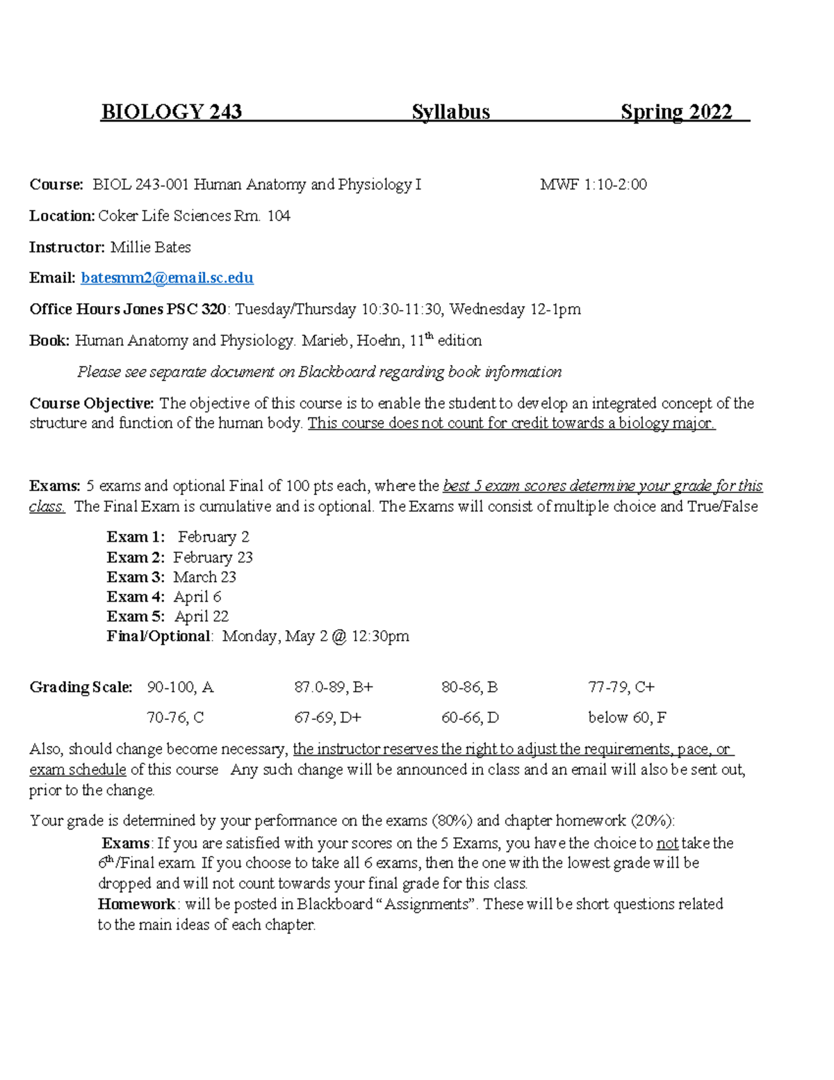 Biology 243.001 Syllabus S2022 - BIOLOGY 243 Syllabus Spring 2022 ...