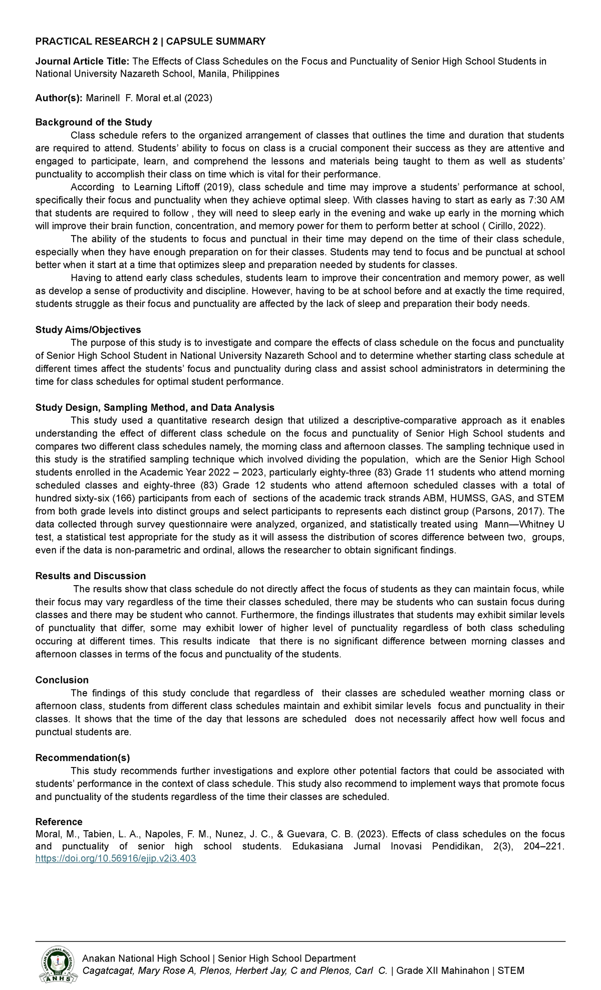 Capsule Summary PR 2 ( final edited) - Anakan National High School ...