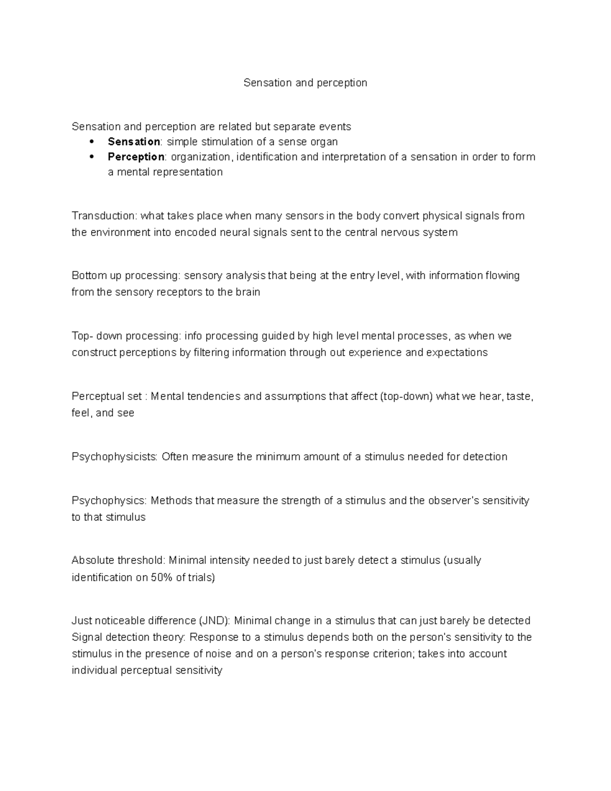 Psych 1100 sensation and perception - Sensation and perception ...