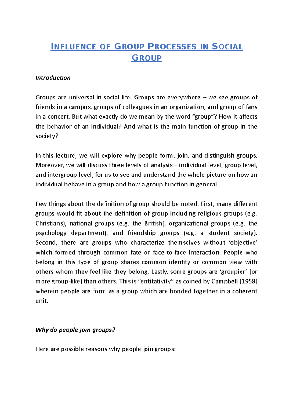 Influence OF Group Processes IN Social Group - I NFLUENCE OF GROUP ...