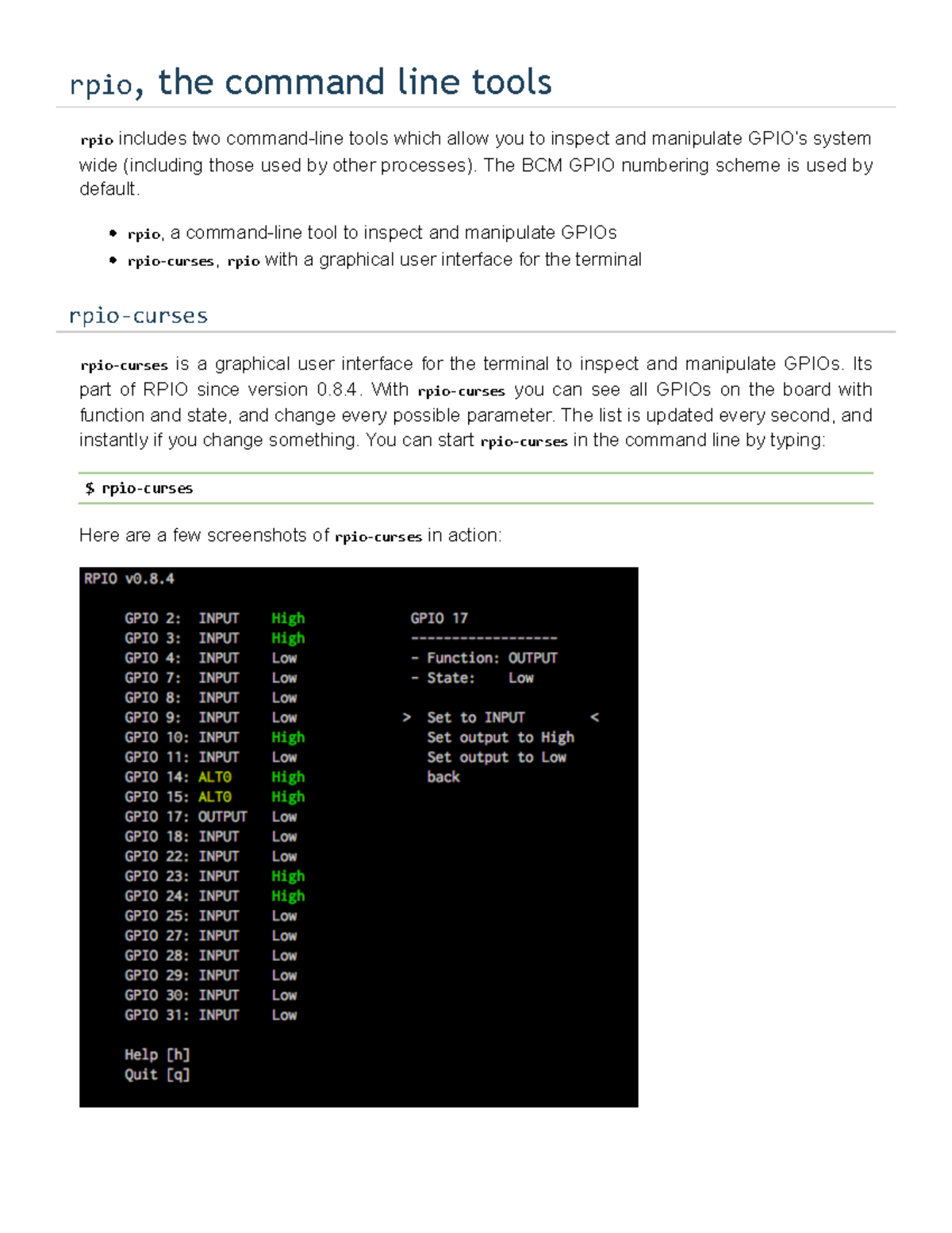 Rpio, the command line tools — RPIO 0.10.0 documentation - rpio , the ...