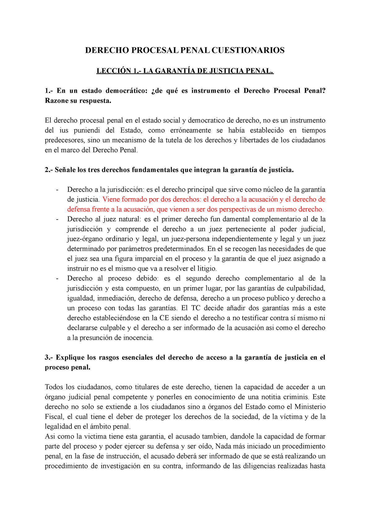 Cuestionario Resuelto Lecci N Derecho Procesal Penal Cuestionarios Lecci N La Garant A