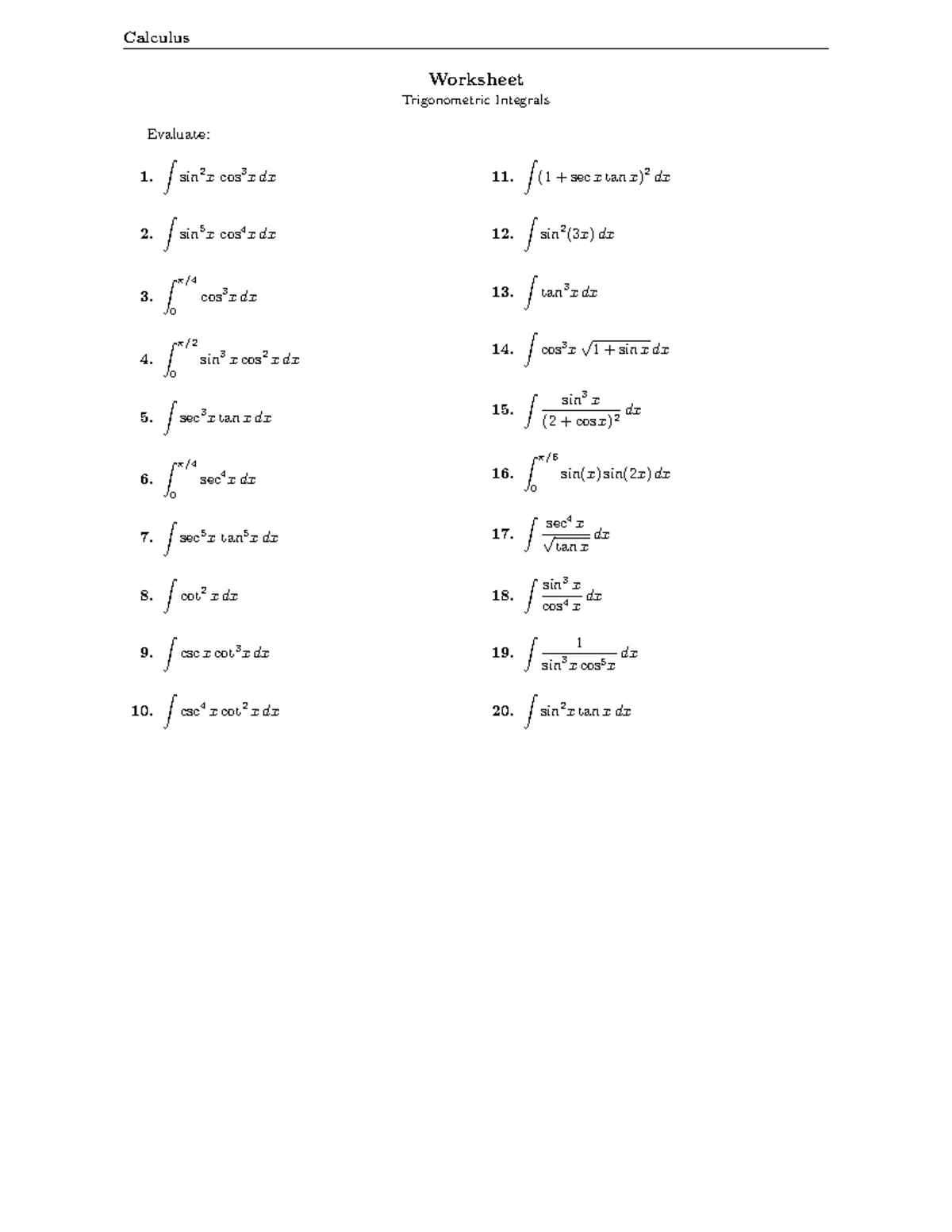 NYB WS trigonometric integrals - Worksheet Trigonometric Integrals ...