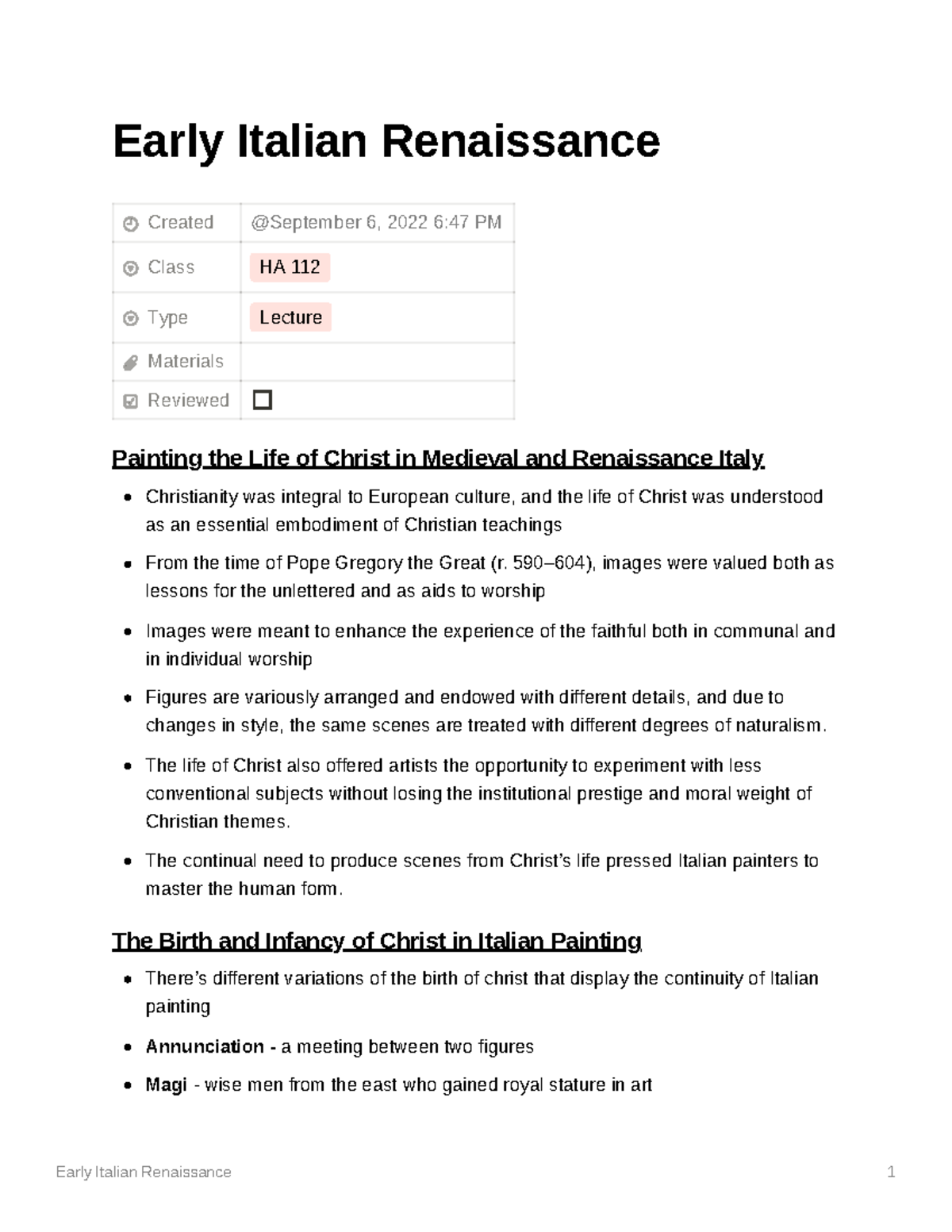 Early Italian Renaissance - Early Italian Renaissance Created Class HA 