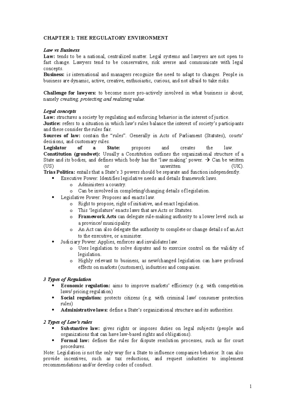 Summary Law & Self Regulation CHAPTER 1 THE REGULATORY ENVIRONMENT