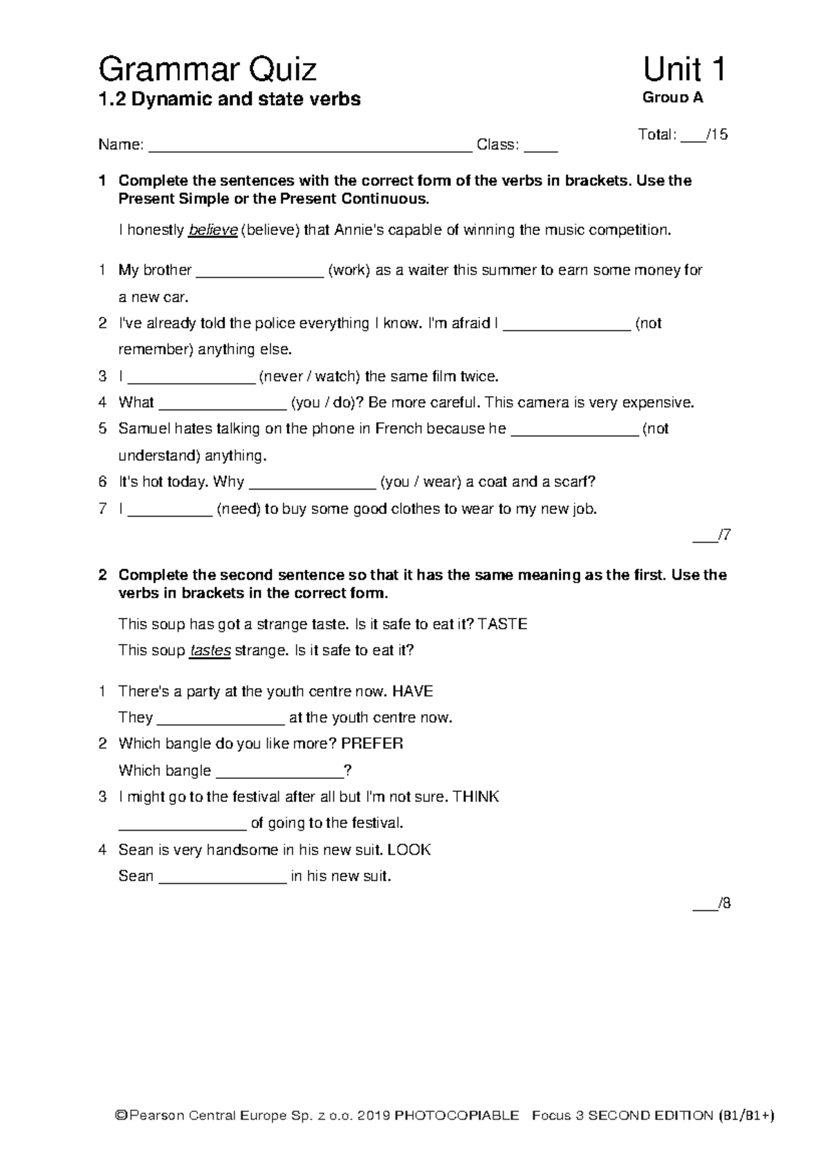 Focus 3 2E Grammar Quiz Unit1.2 Group A Grammar Quiz Unit 1 1 Dynamic