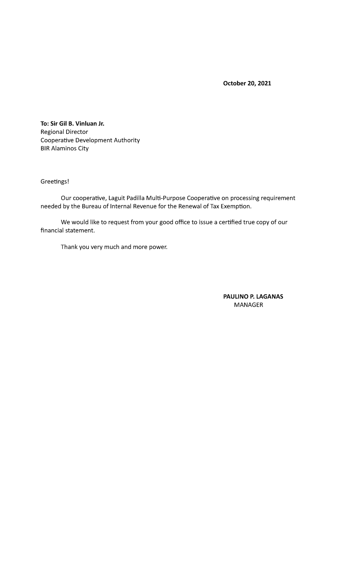Request letter - October 20, 2021 To: Sir Gil B. Vinluan Jr. Regional ...