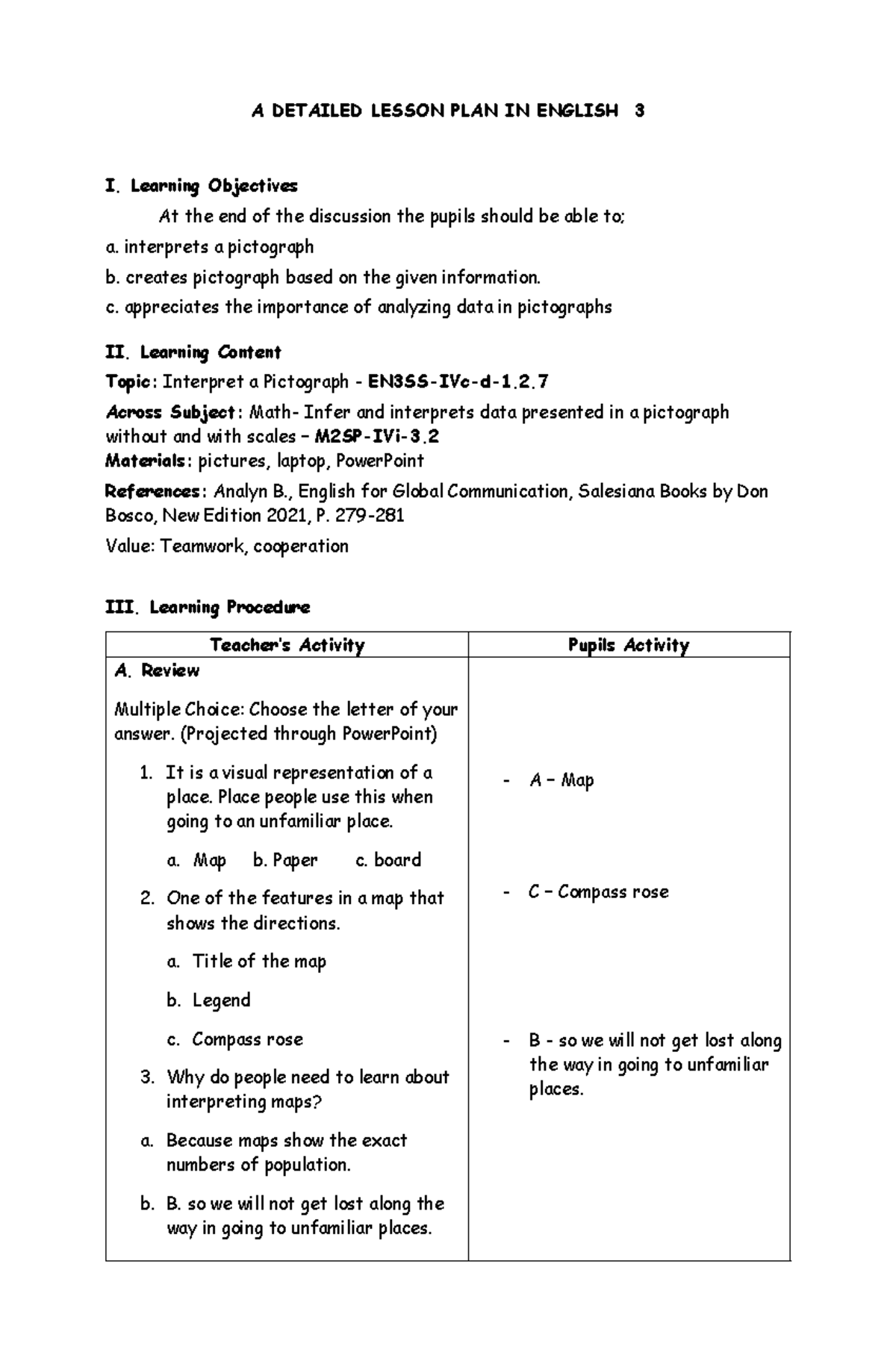 LP - Pictograph - A DETAILED LESSON PLAN IN ENGLISH 3 I. Learning ...