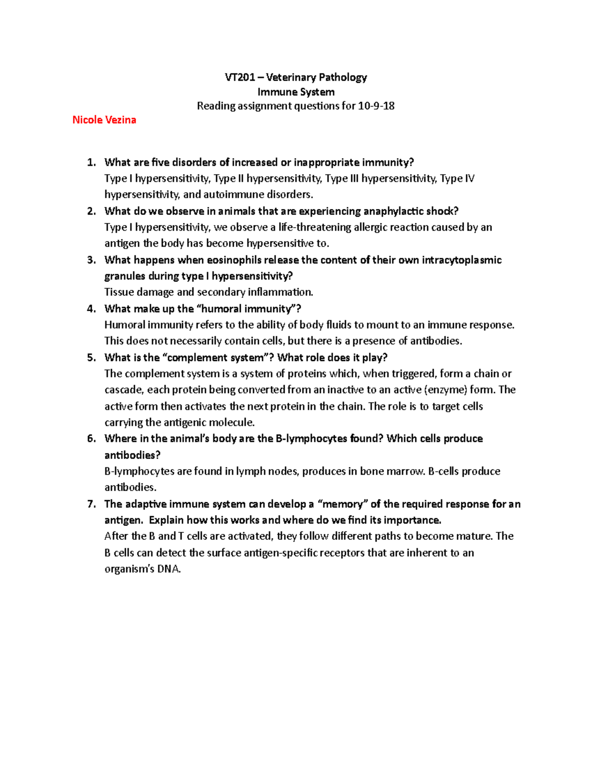 Veterinary Pathology and the Immune System VT201 Veterinary