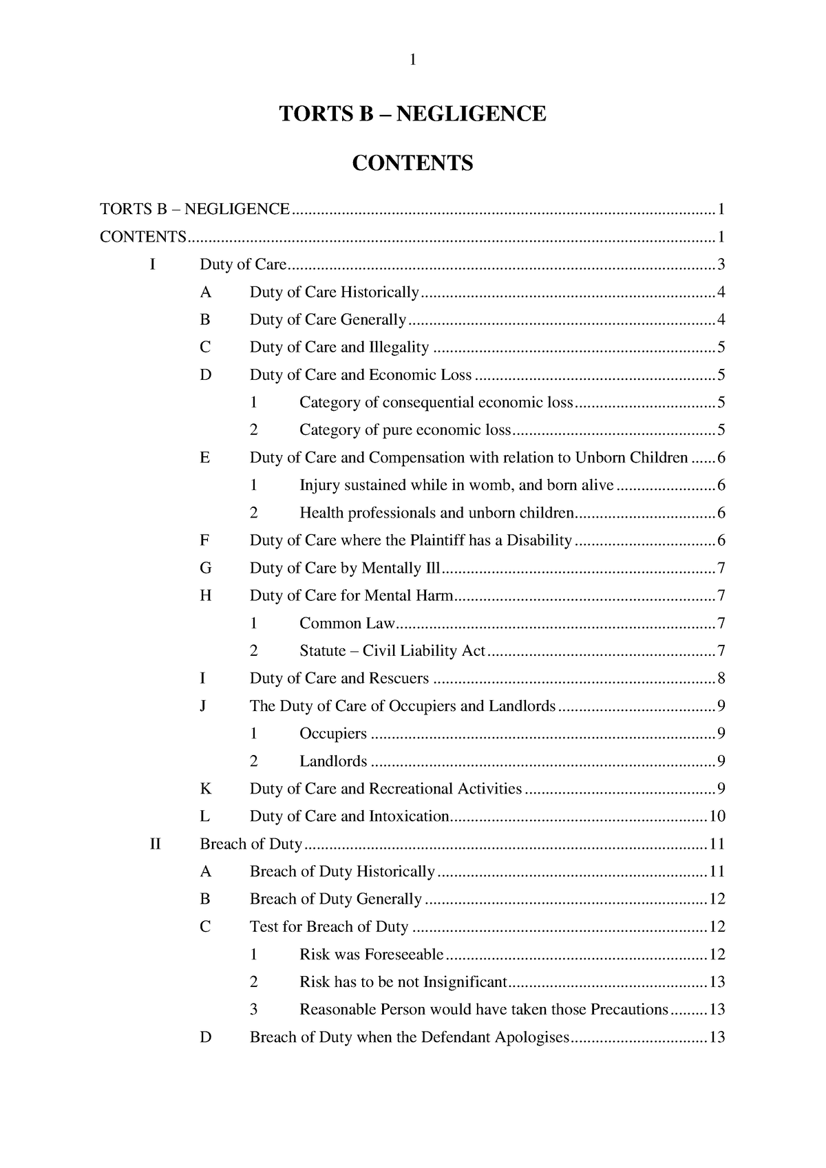 Torts B Exam Notes - TORTS B – NEGLIGENCE TORTS B – NEGLIGENCE CONTENTS ...