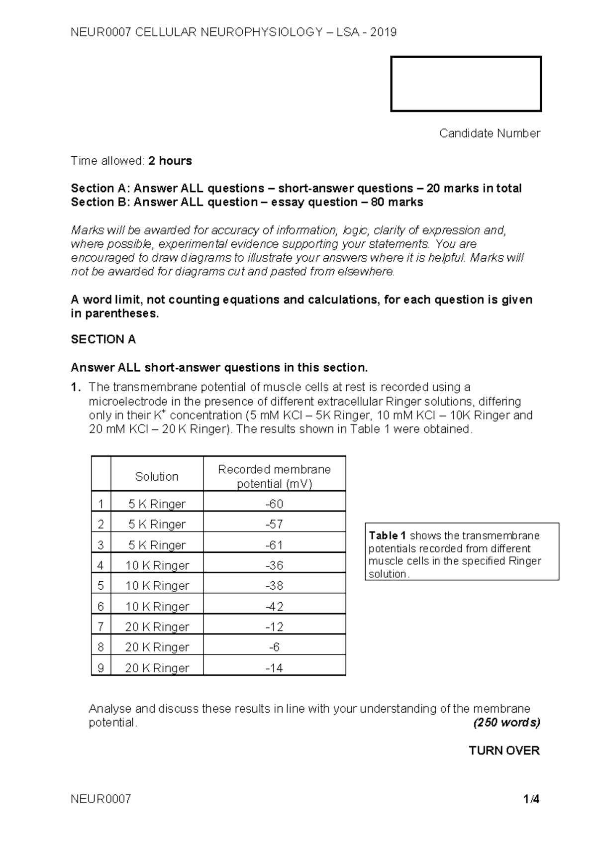 NEUR0007 Alt Assessment LSA-2019 - Candidate Number Time allowed: 2 ...