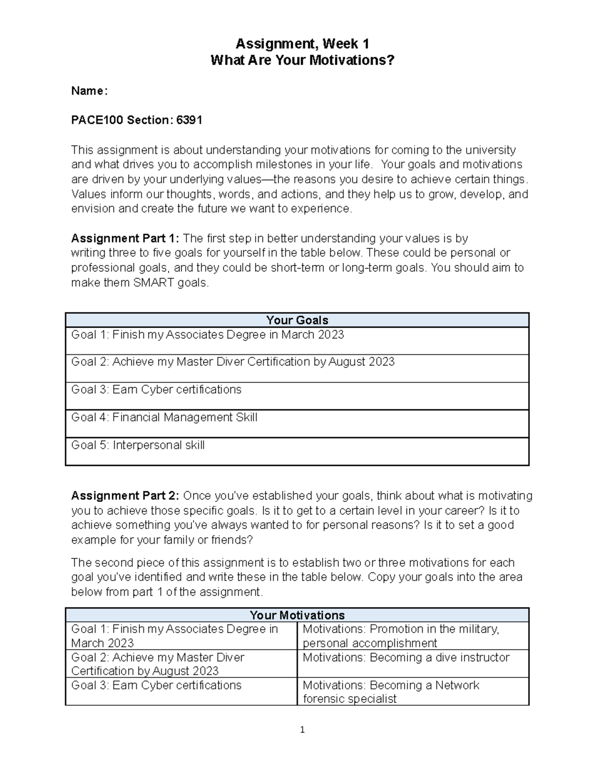 PACE 100 Assignment 1 - Complete - Assignment, Week 1 What Are Your ...
