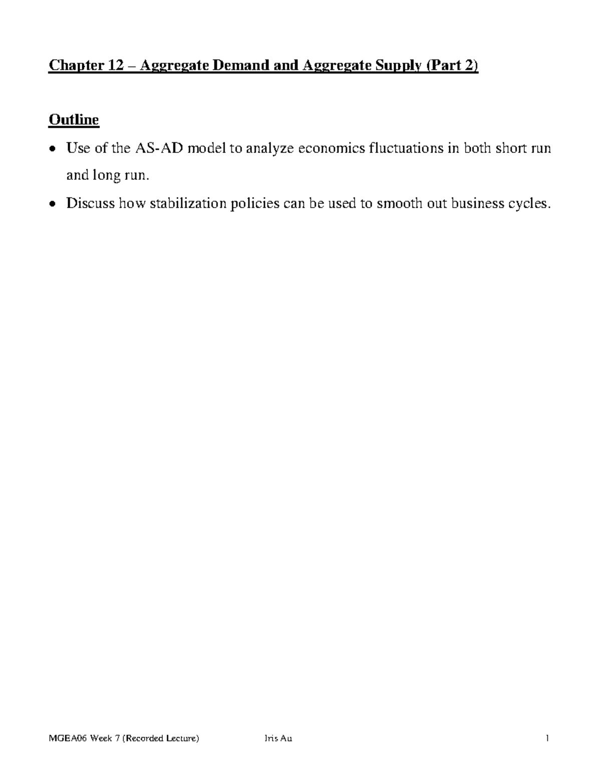 Week 7 - AS-AD Model (Part 2) (Recorded) - Chapter 12 – Aggregate ...