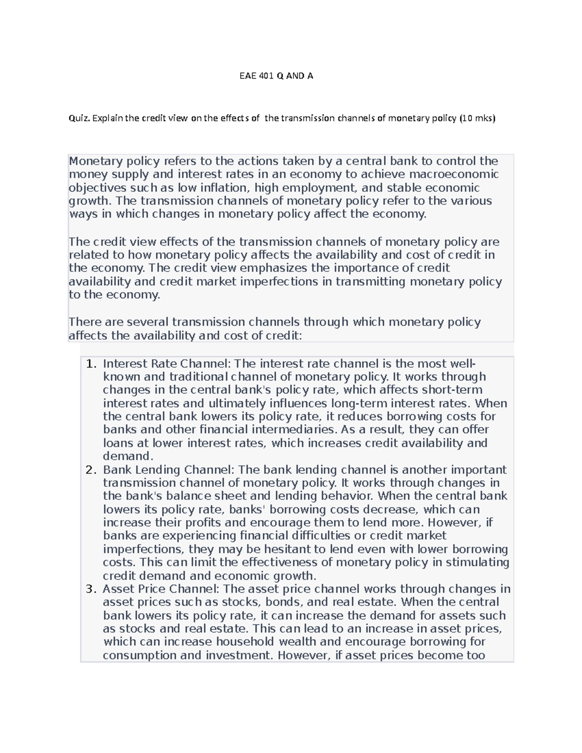 EAE 401 Q AND A - N/A - EAE 401 Q AND A Quiz. Explain the credit view ...